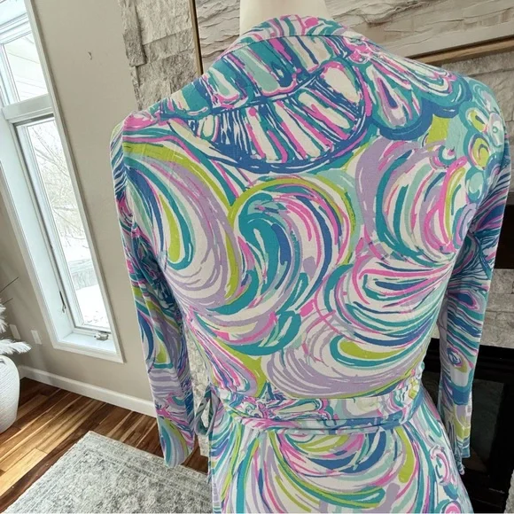 Lilly Pulitzer Mini Wrap Dress Blue Pink Green Print Jersey Tie Waist Size S - Picture 5 of 9